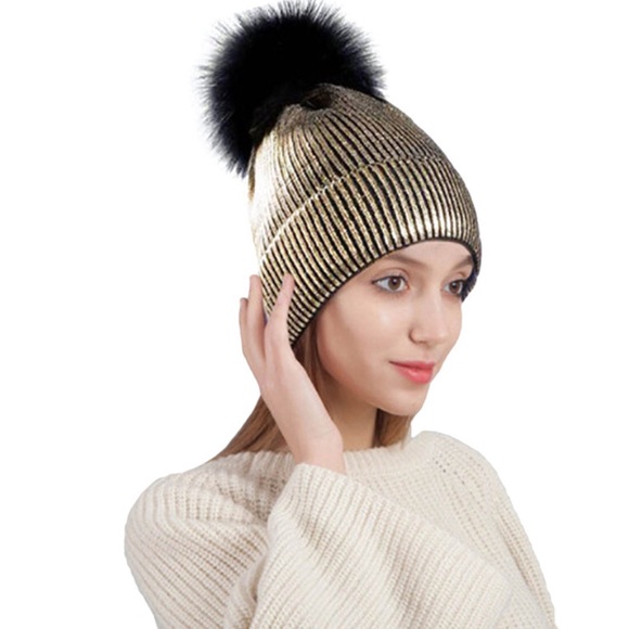 SALE! Gold Metallic Stripe Pom Pom Beanies - Picture 2 of 7